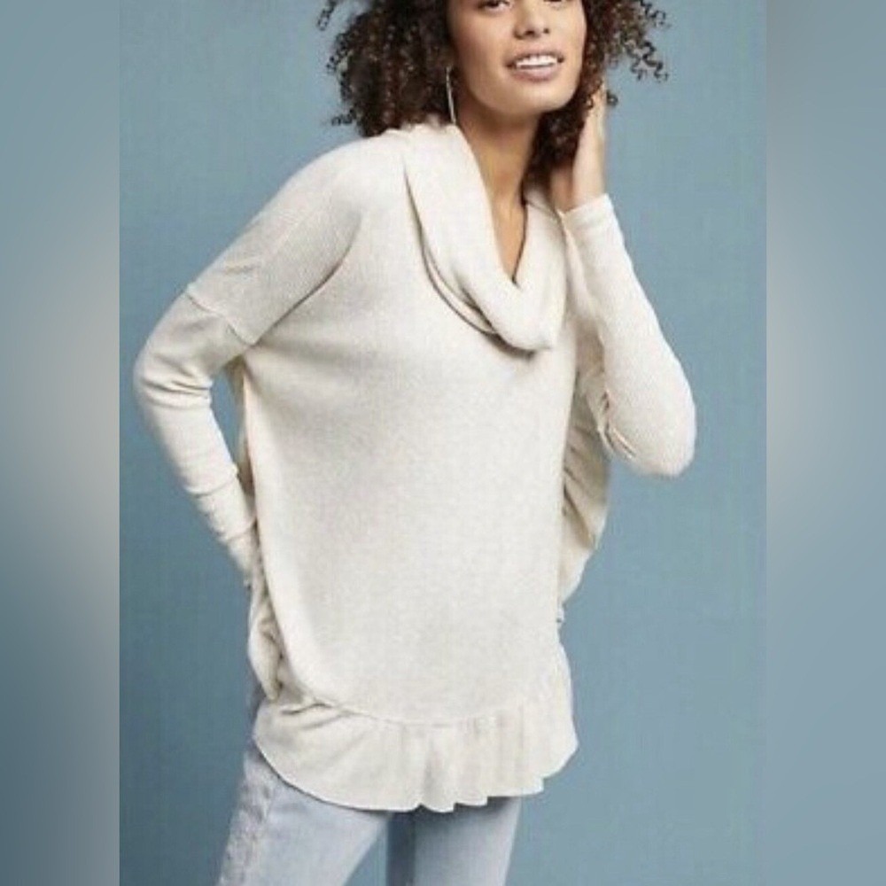 Anthropologie‎ Postmark Cream Metallic Ruffle Cowl Neck Sweater XS/S NEW
